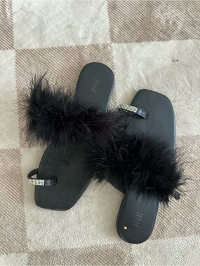 Black Feather Trim Slide Sandals with Rhinestone Toe Strap